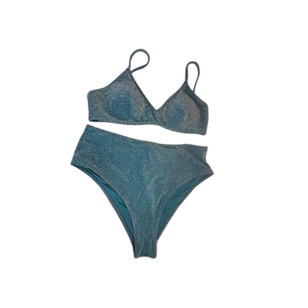 CUPSHE Bikini Set Two Piece Swimsuit High Waist Blue Metallic Women's XL NEW